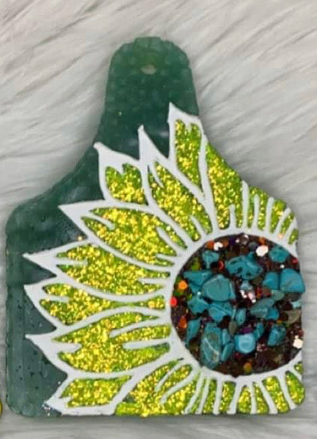 Teal Stoney Sunflower Cow Tag